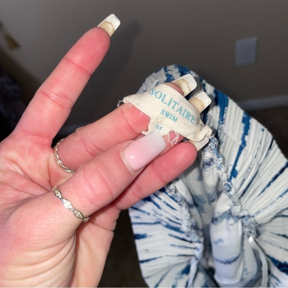 Solitaire Swim jumpsuit blue white tie dyed romper strapless elastic ankle SZ M - Picture 10 of 10